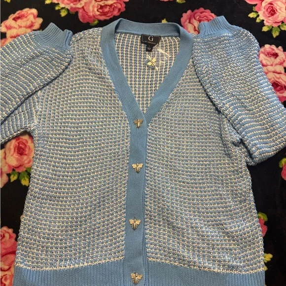 G by Giuliana Blue Plaid Cardigan with Bee Accents - Picture 2 of 6